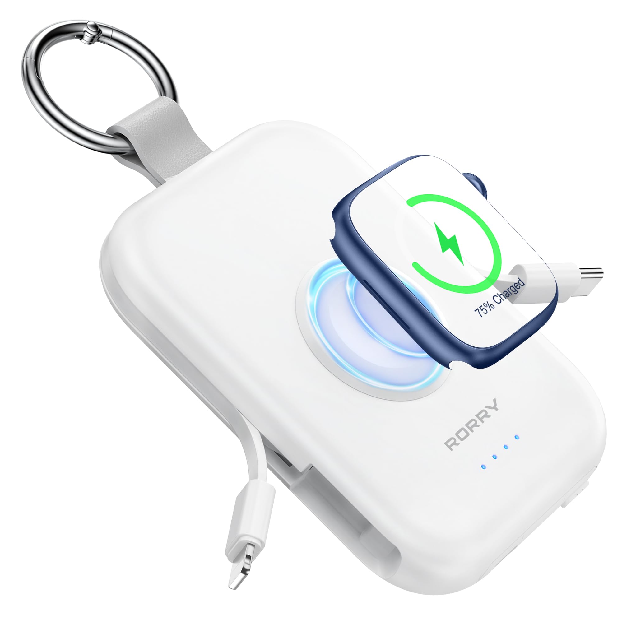 RORRY CharmGo Portable Charger, 5000mAh Portable Charger Power Bank | Built-in Cables,Travel Keychain Battery Pack Essentions for Apple Watch 1~11 Series/Ultra/SE & iPhone Air/17/16/15/14/13/12