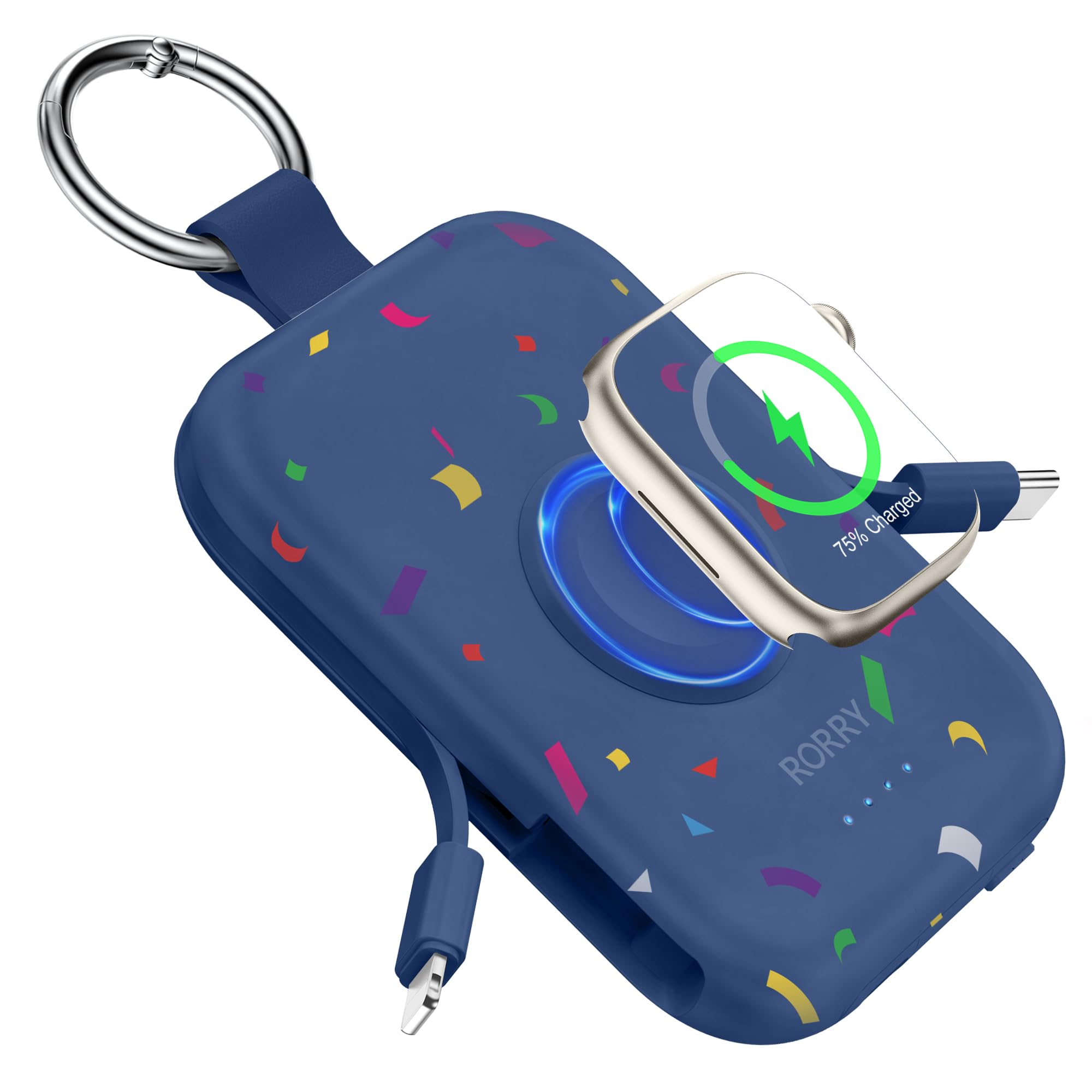 RORRY CharmGo Portable Charger, 5000mAh Portable Charger Power Bank | Built-in Cables,Travel Keychain Battery Pack Essentions for Apple Watch 1~11 Series/Ultra/SE & iPhone Air/17/16/15/14/13/12