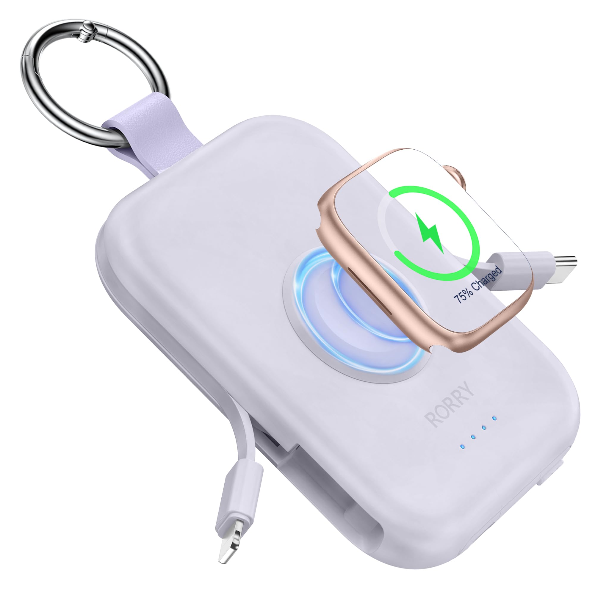 RORRY CharmGo Portable Charger, 5000mAh Portable Charger Power Bank | Built-in Cables,Travel Keychain Battery Pack Essentions for Apple Watch 1~11 Series/Ultra/SE & iPhone Air/17/16/15/14/13/12